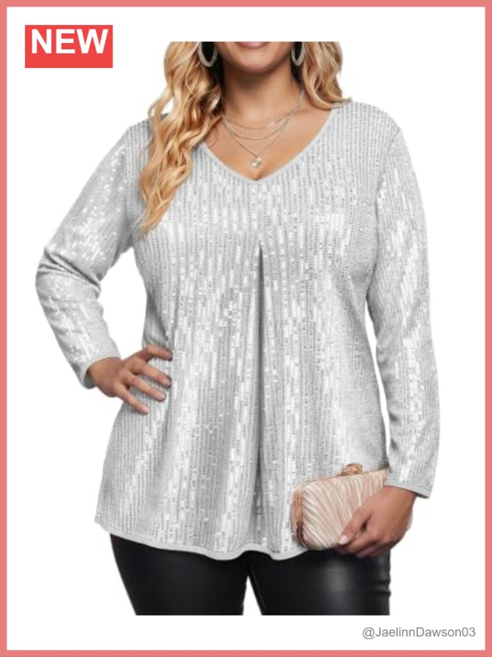 Women's Plus Size V Neck Long Sleeve Tunic Top with Front Glitter Sequins